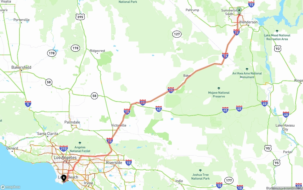 Shipping route from Las Vegas to Port of Los Angeles