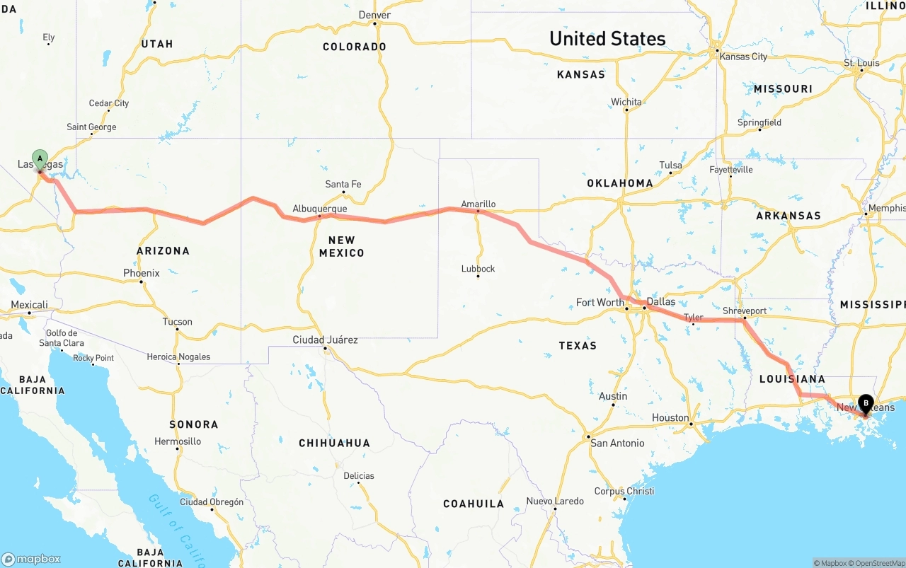 Shipping route from Las Vegas to Port of New Orleans