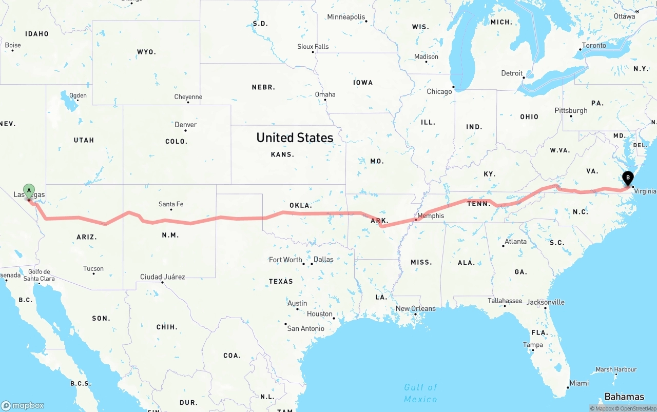 Shipping route from Las Vegas to Port of Norfolk