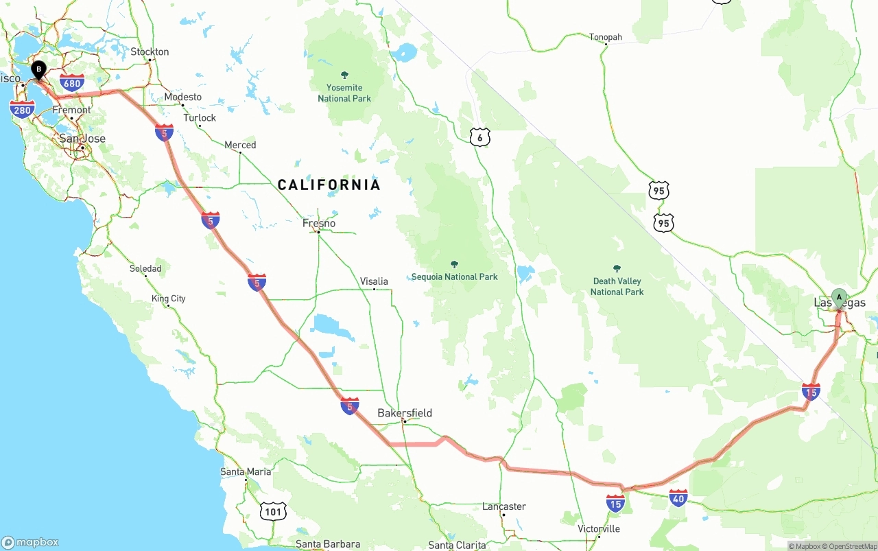 Shipping route from Las Vegas to Port of Oakland