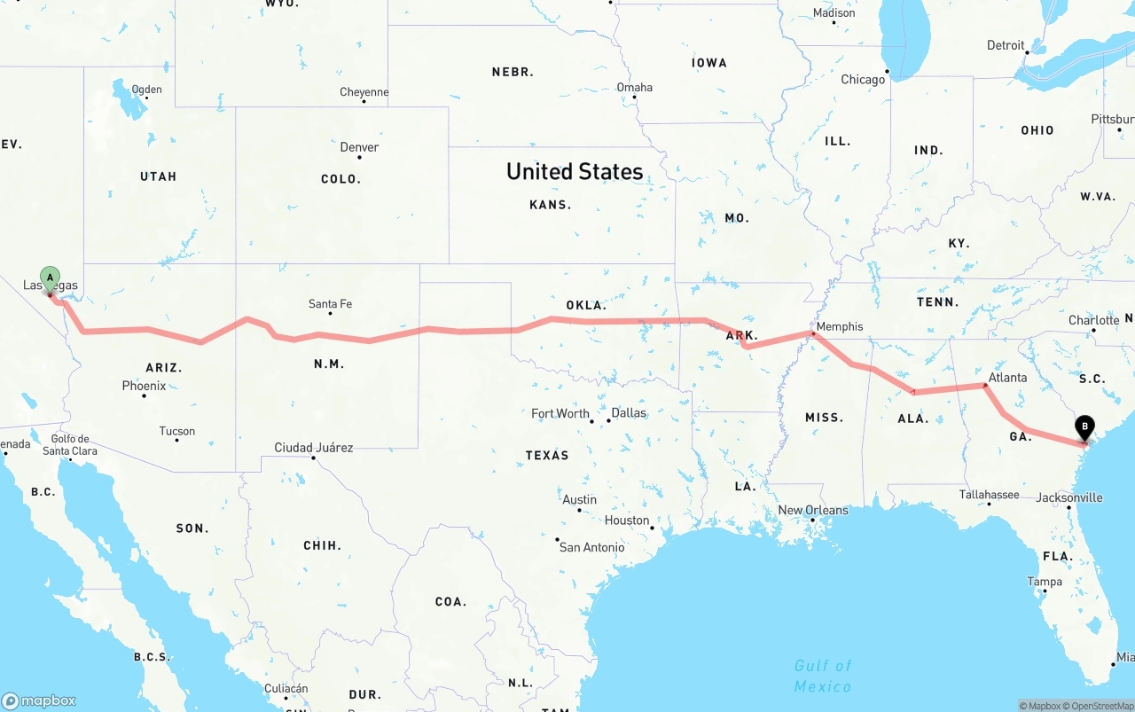 Shipping route from Las Vegas to Port of Savannah