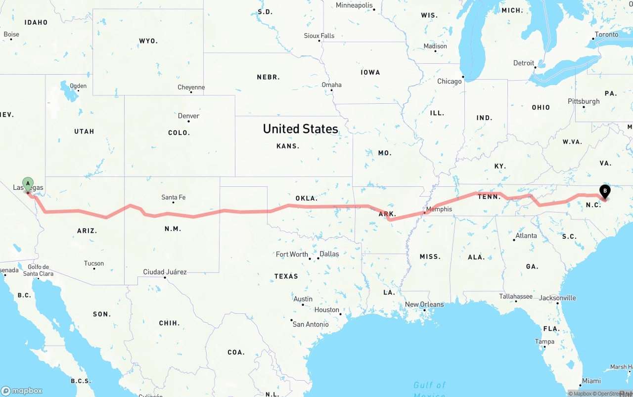 Shipping route from Las Vegas to Raleigh