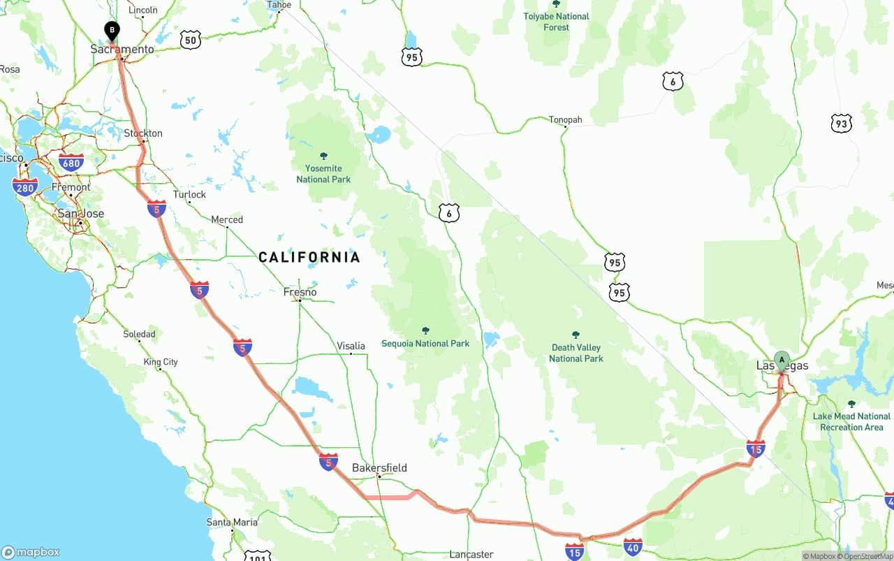 Shipping route from Las Vegas to Sacramento International Airport