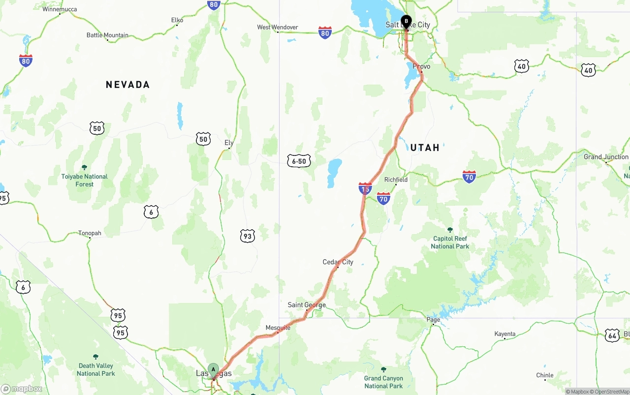 Shipping route from Las Vegas to Salt Lake City