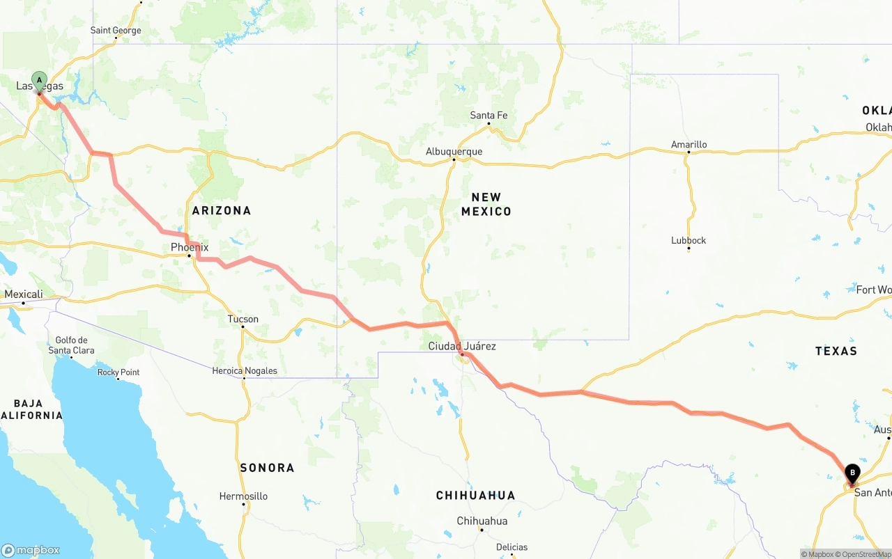Shipping route from Las Vegas to San Antonio