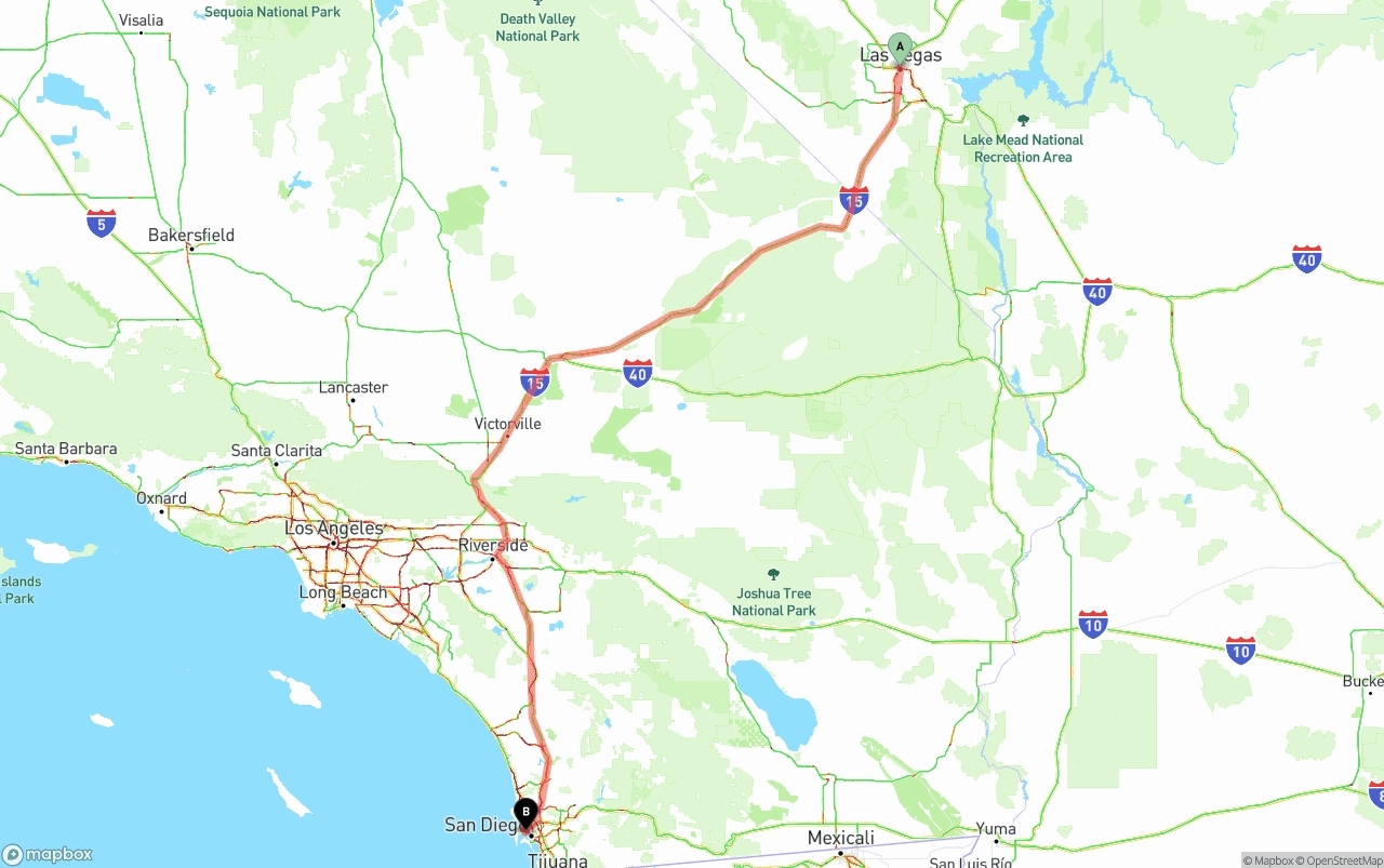 Shipping route from Las Vegas to San Diego International Airport