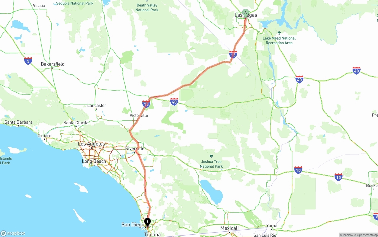 Shipping route from Las Vegas to San Diego