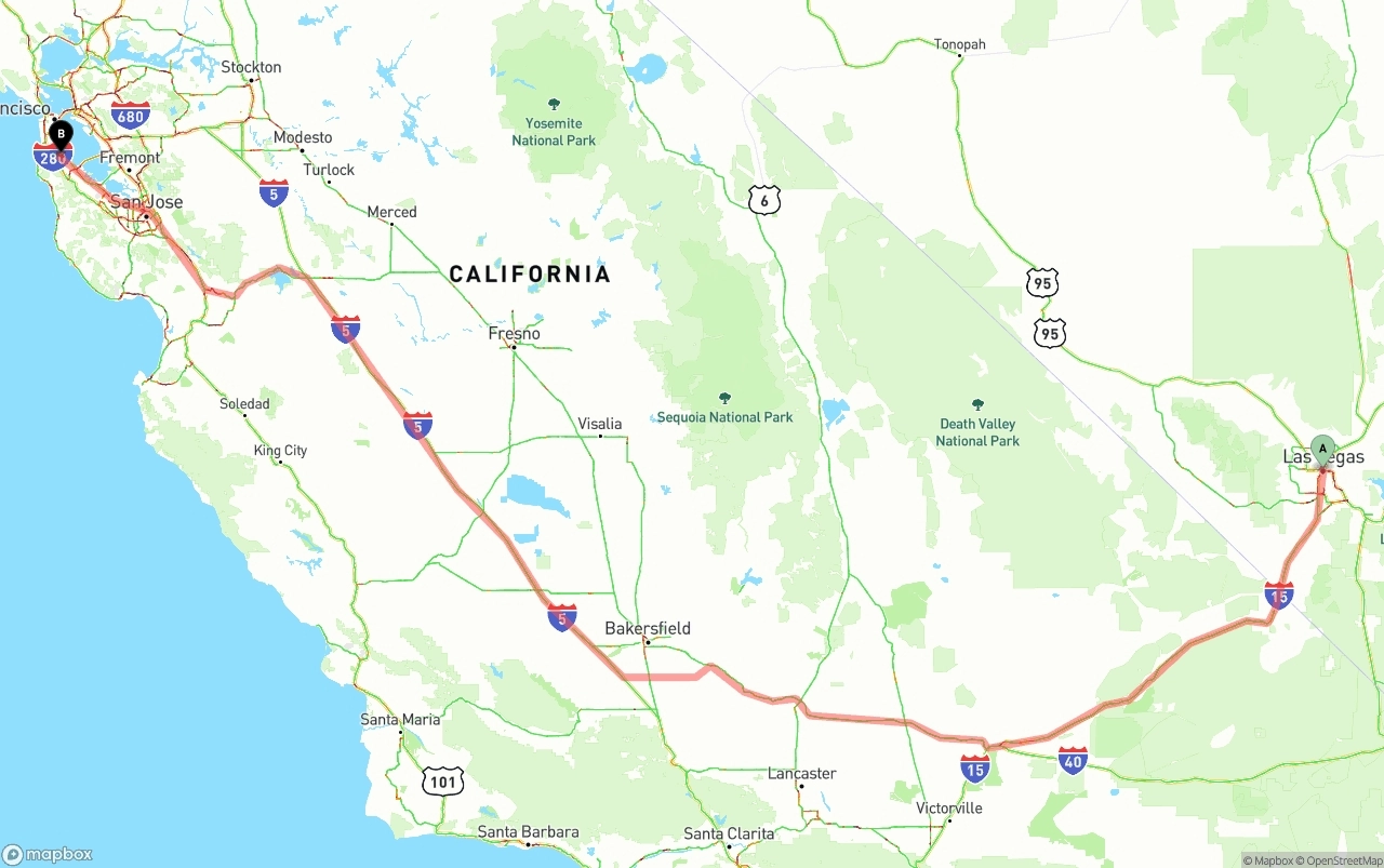 Shipping route from Las Vegas to San Francisco International Airport