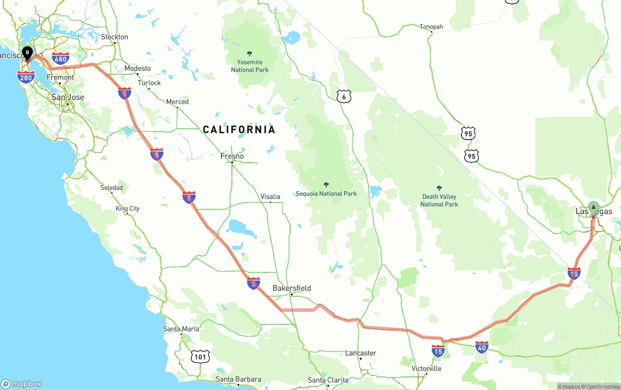 Shipping route from Las Vegas to San Francisco