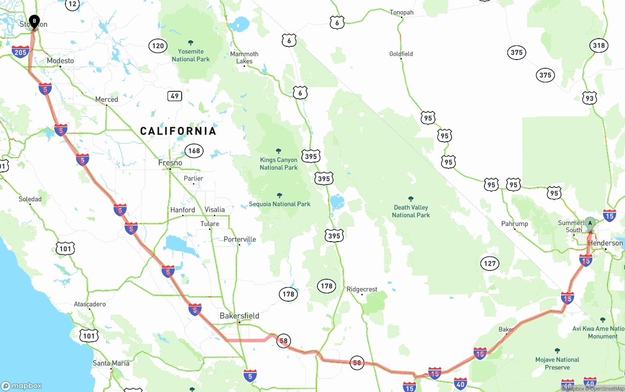 Shipping route from Las Vegas to Stockton