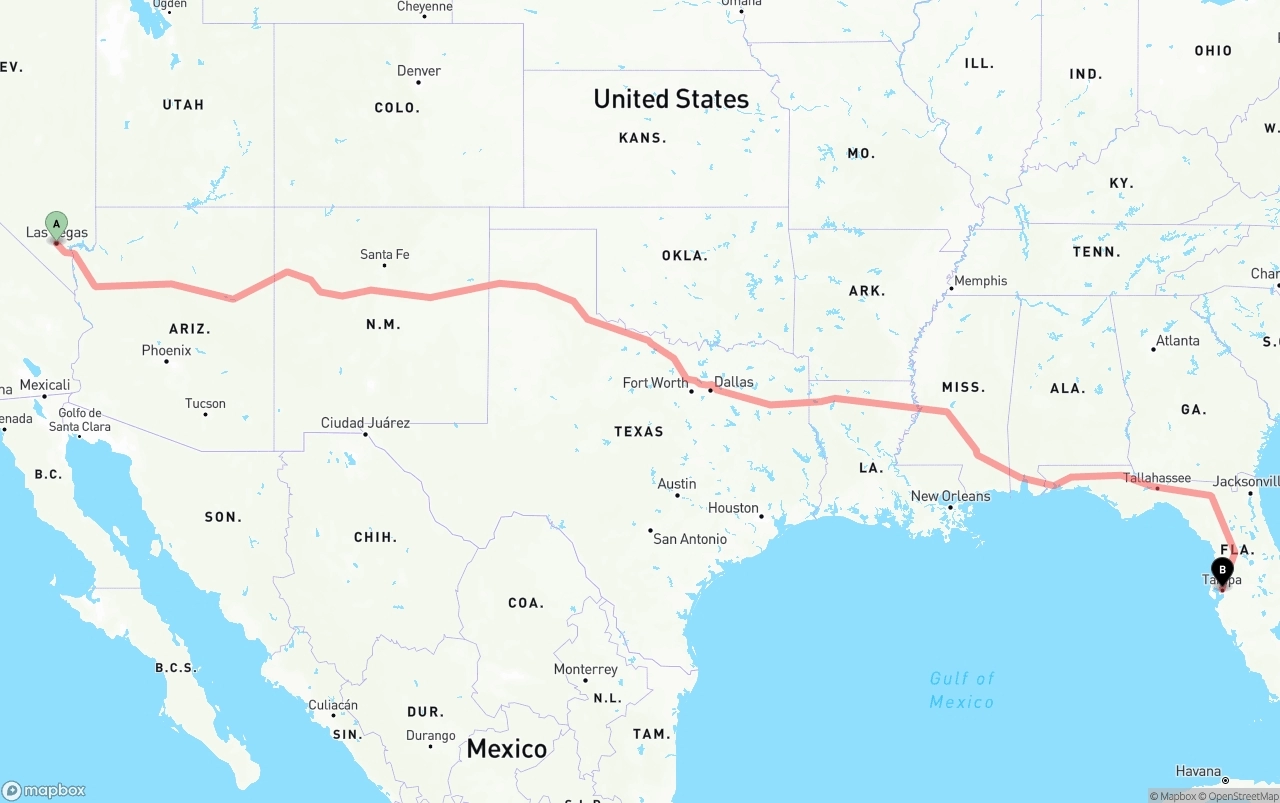Shipping route from Las Vegas to Tampa