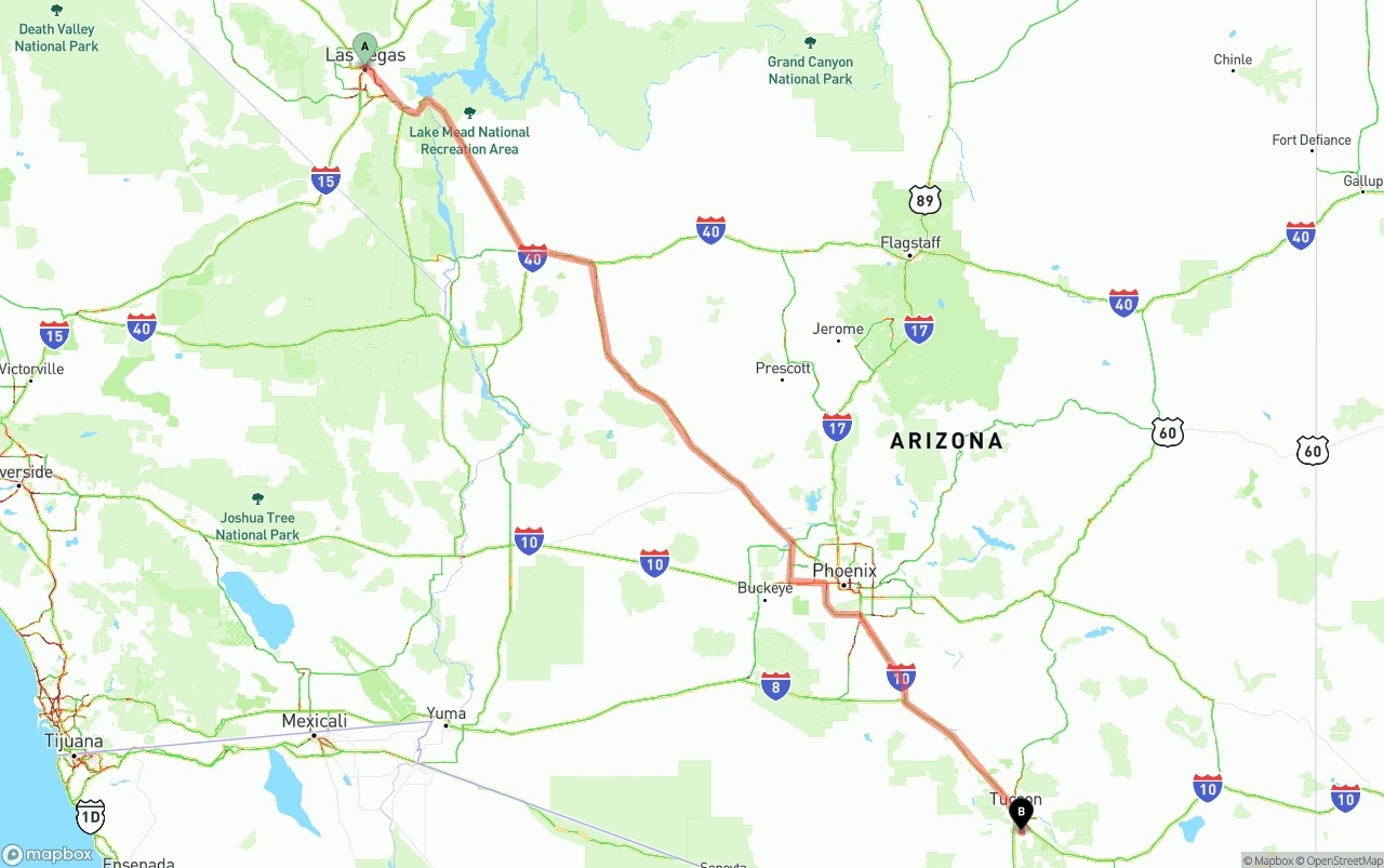 Shipping route from Las Vegas to Tucson International Airport