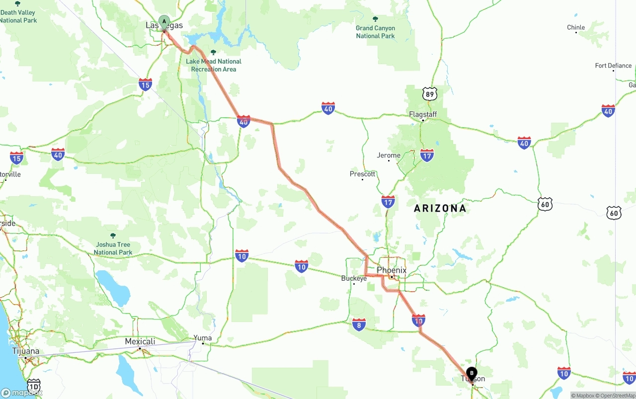 Shipping route from Las Vegas to Tucson