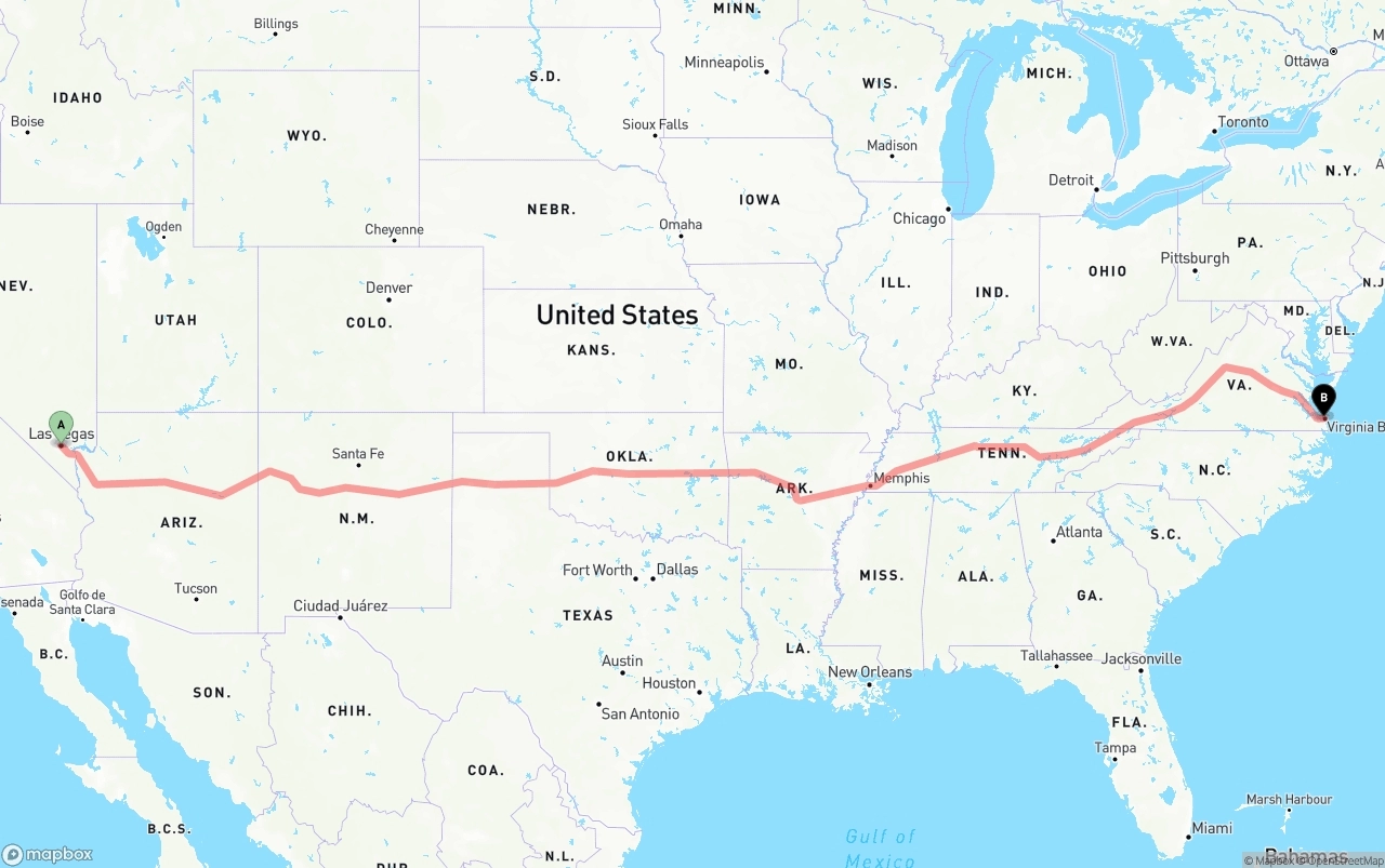 Shipping route from Las Vegas to Virginia Beach