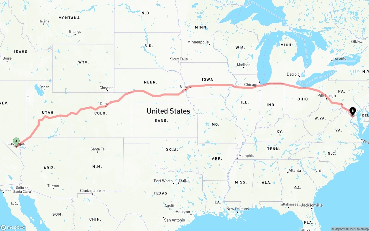Shipping route from Las Vegas to Washington D.C.