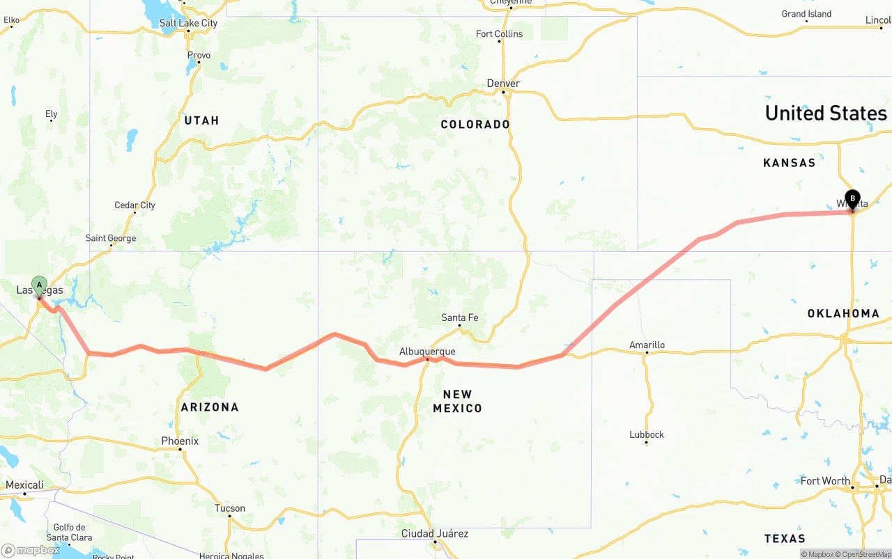 Shipping route from Las Vegas to Wichita
