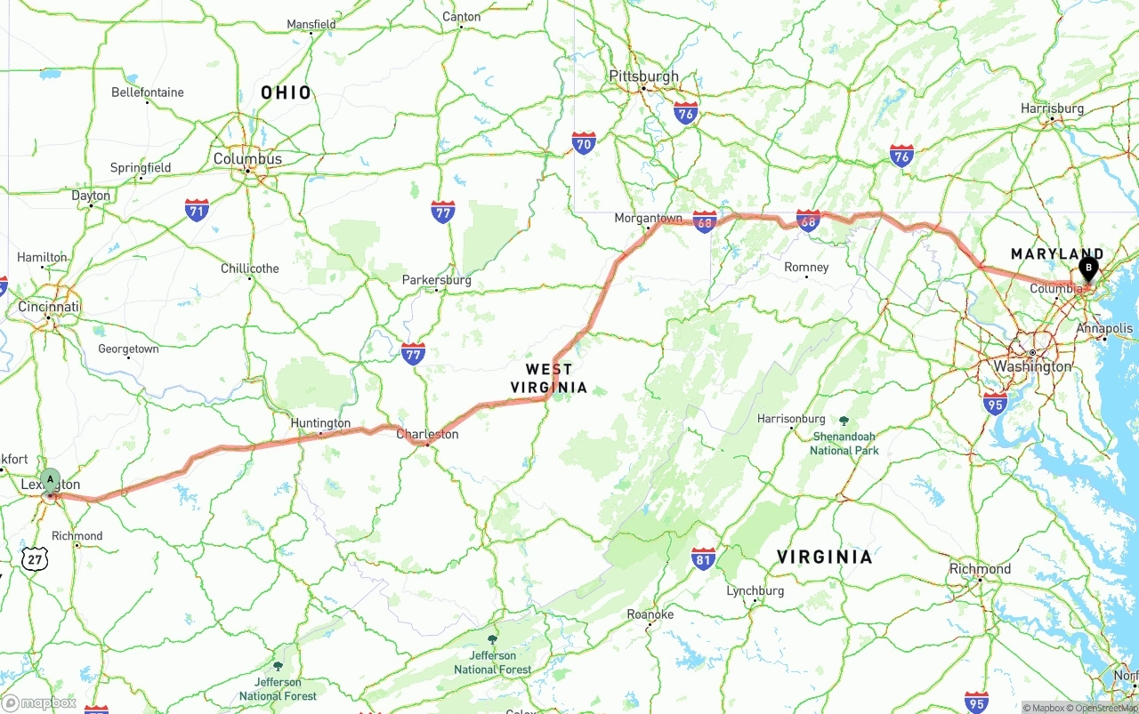 Shipping route from Lexington to Baltimore