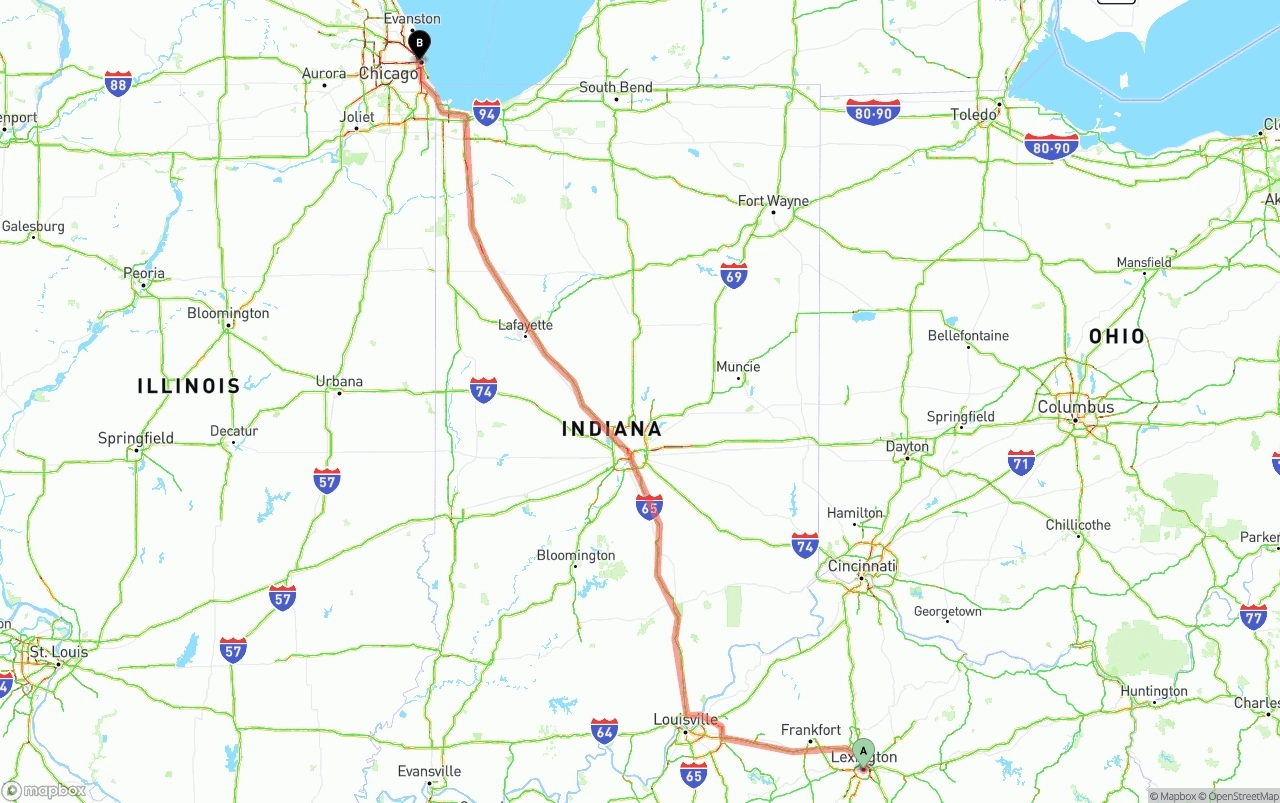 Shipping route from Lexington to Chicago