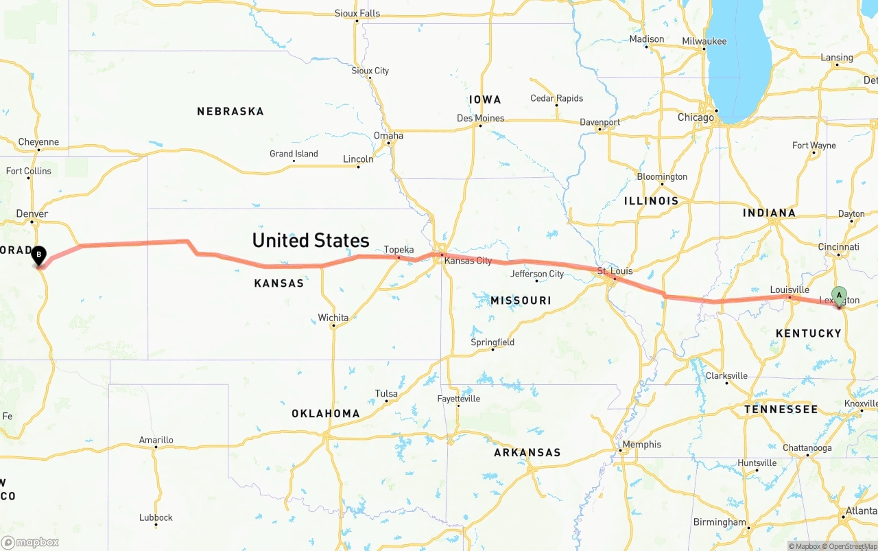 Shipping route from Lexington to Colorado Springs