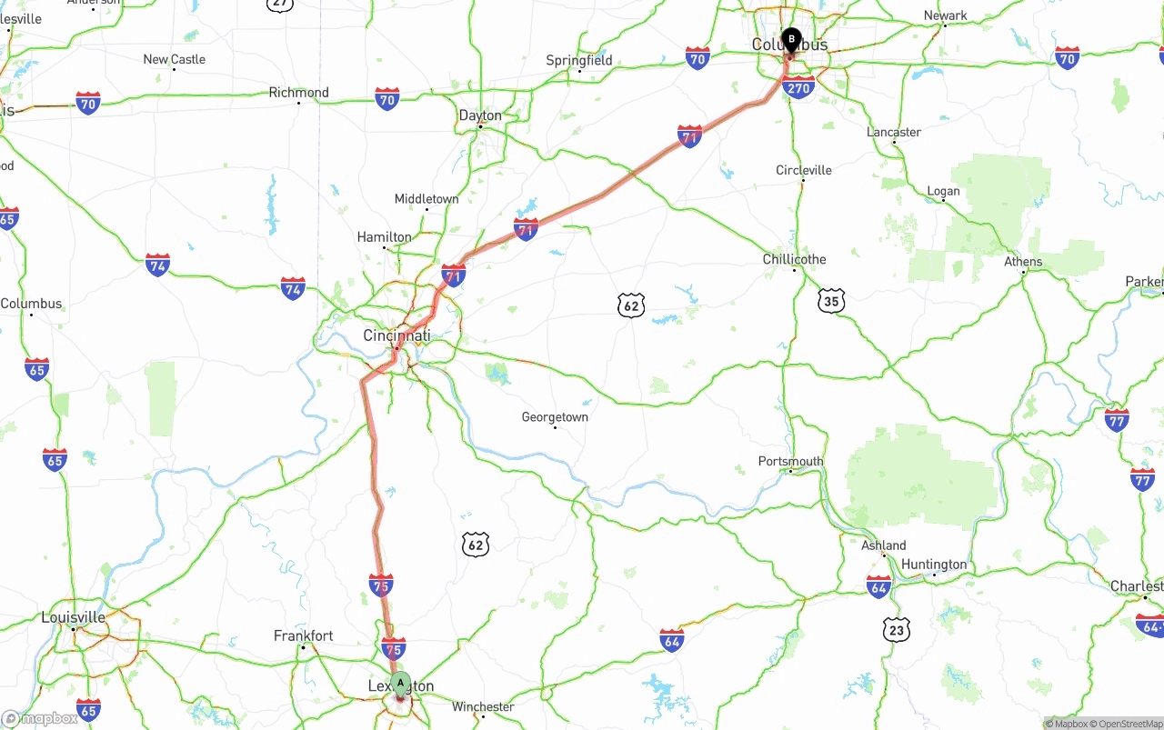 Shipping route from Lexington to Columbus