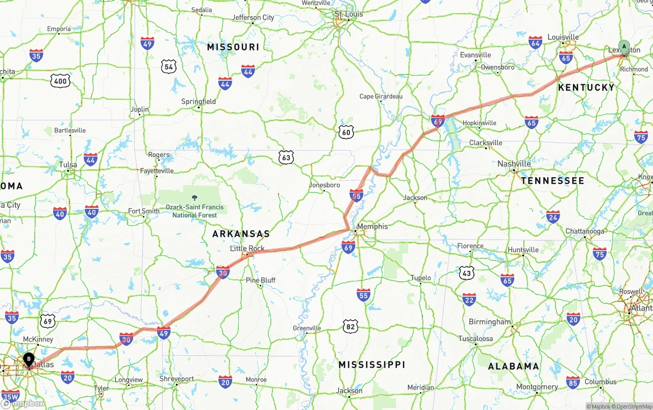 Shipping route from Lexington to Dallas