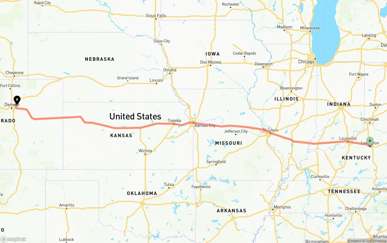 Shipping route from Lexington to Denver International Airport