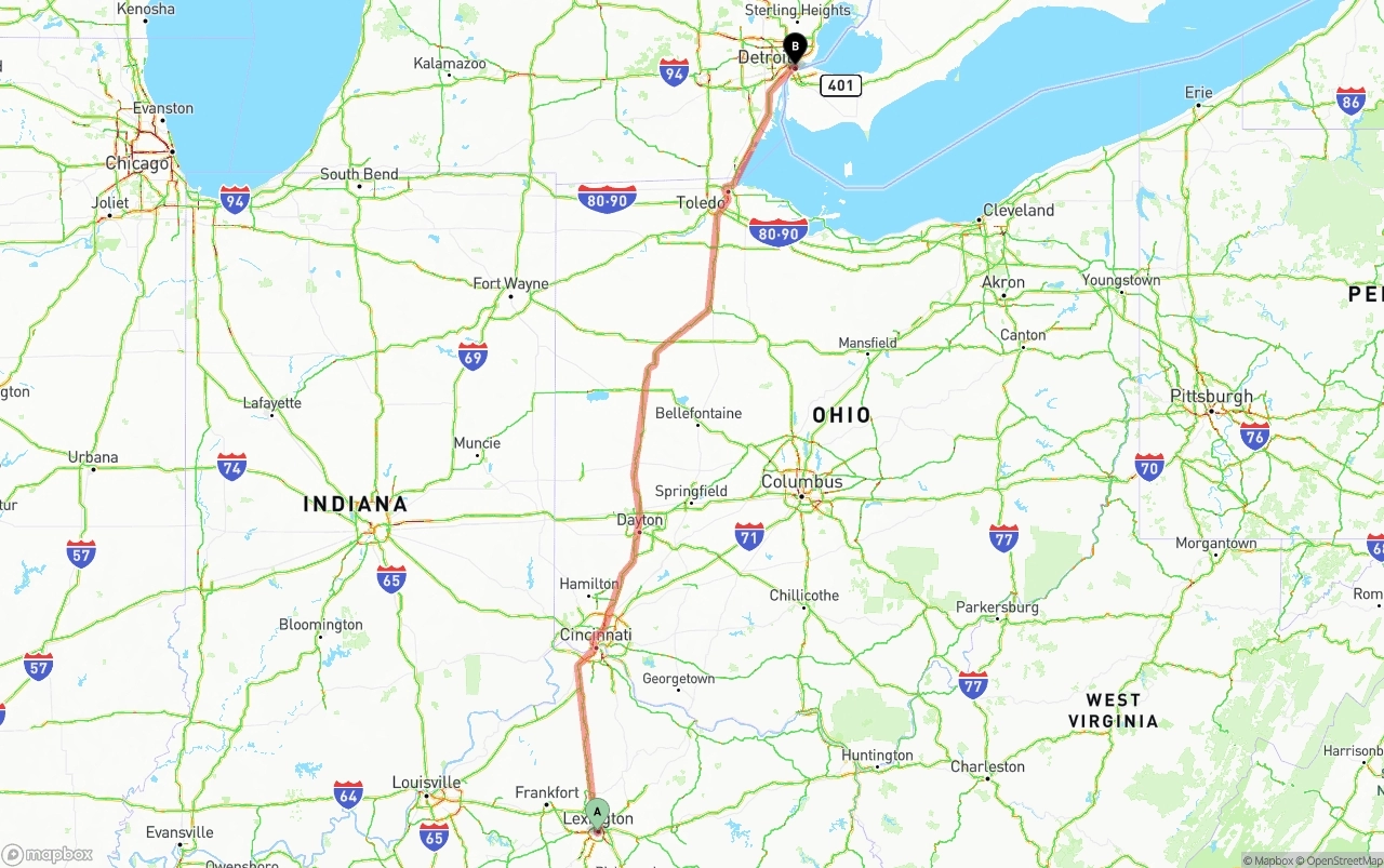 Shipping route from Lexington to Detroit