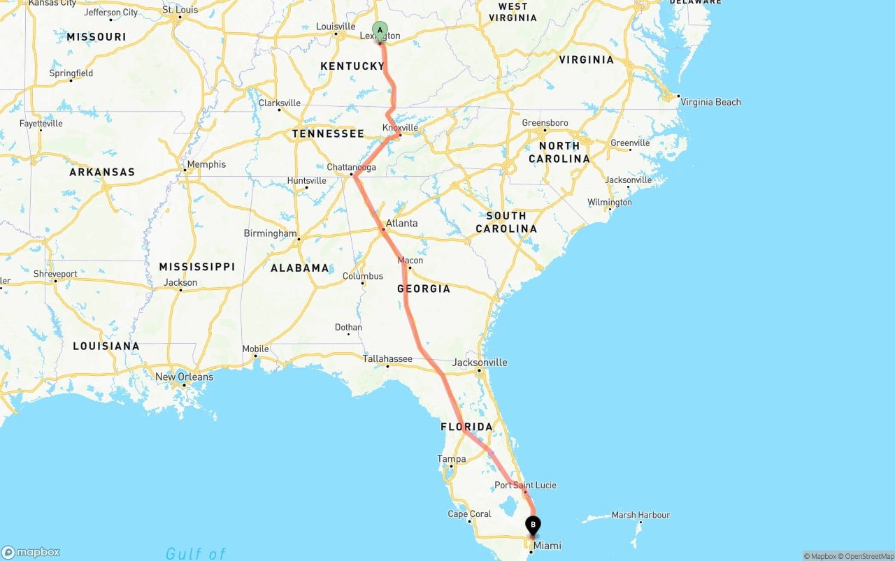 Shipping route from Lexington to Ft. Lauderdale