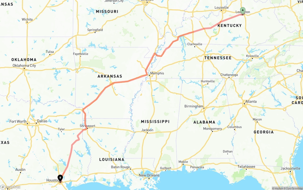 Shipping route from Lexington to Houston