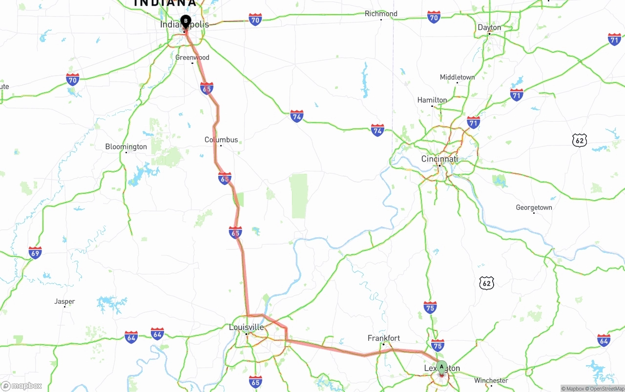 Shipping route from Lexington to Indianapolis