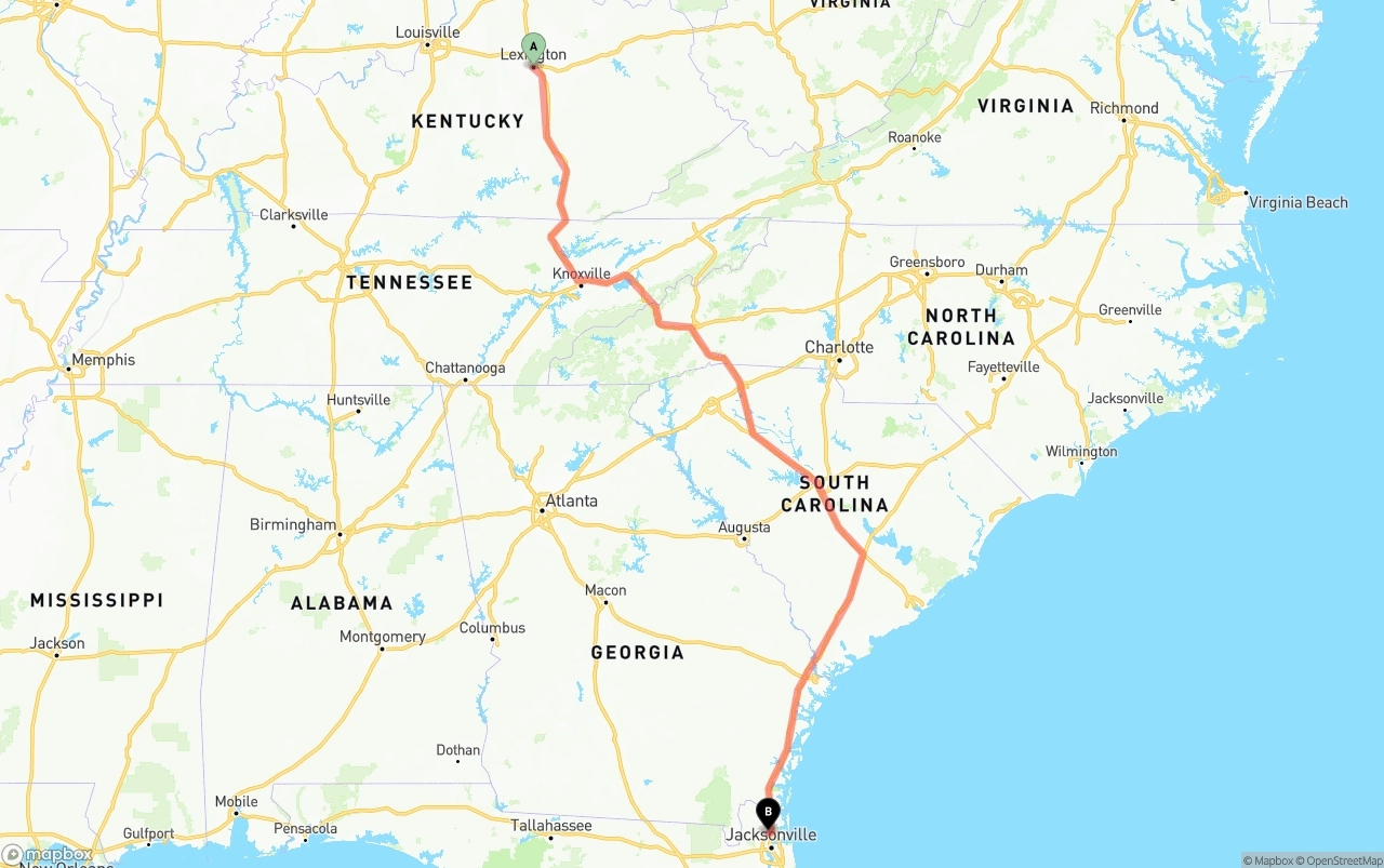 Shipping route from Lexington to Jacksonville International Airport