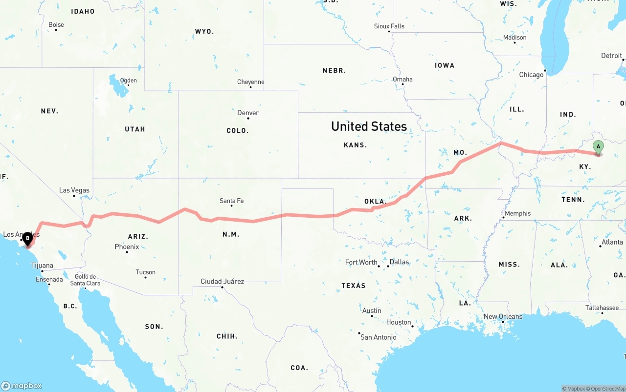 Shipping route from Lexington to John Wayne Airport — Orange County