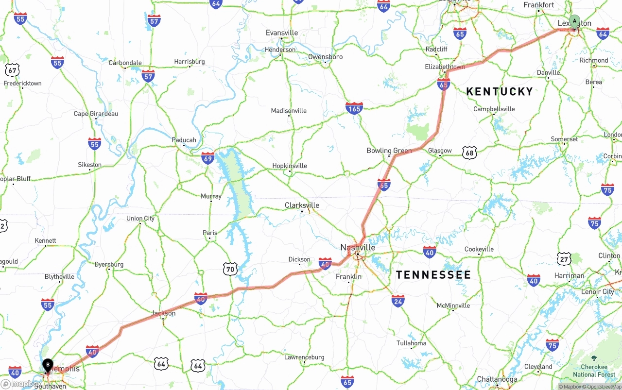 Shipping route from Lexington to Memphis