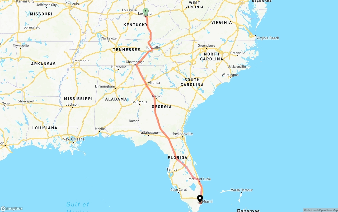 Shipping route from Lexington to Miami International Airport