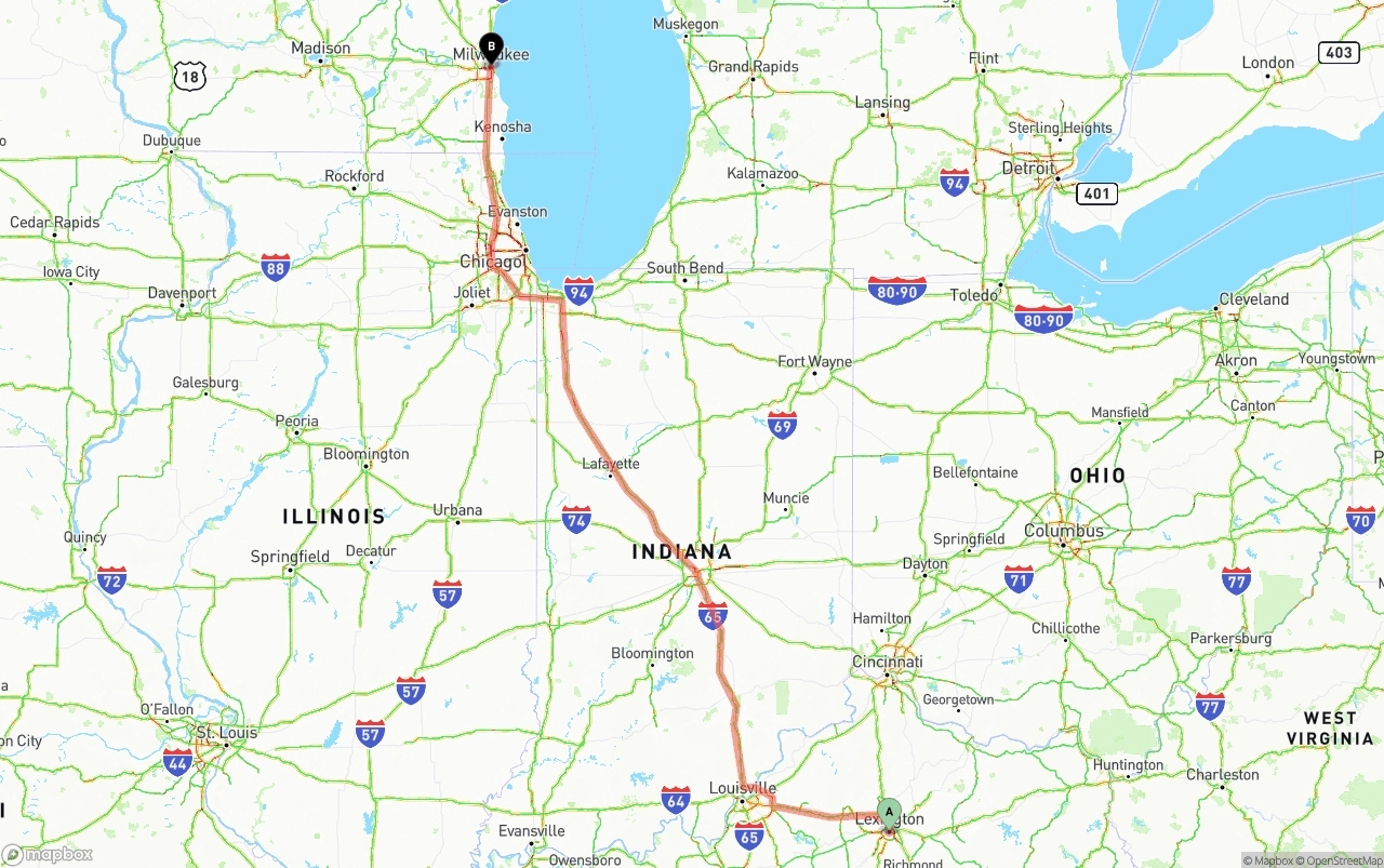 Shipping route from Lexington to Milwaukee
