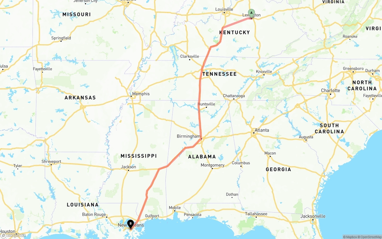 Shipping route from Lexington to New Orleans