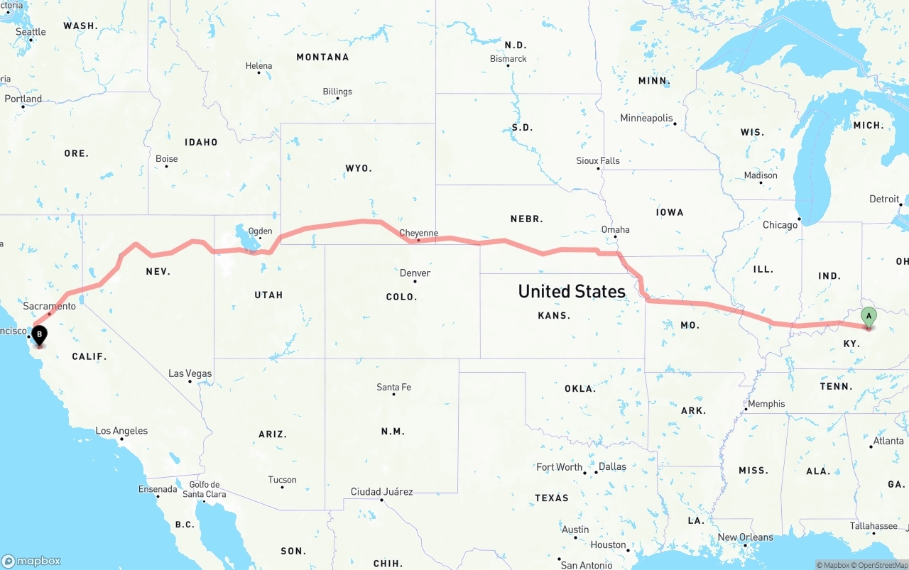 Shipping route from Lexington to Norman Y. Mineta San Jose International Airport