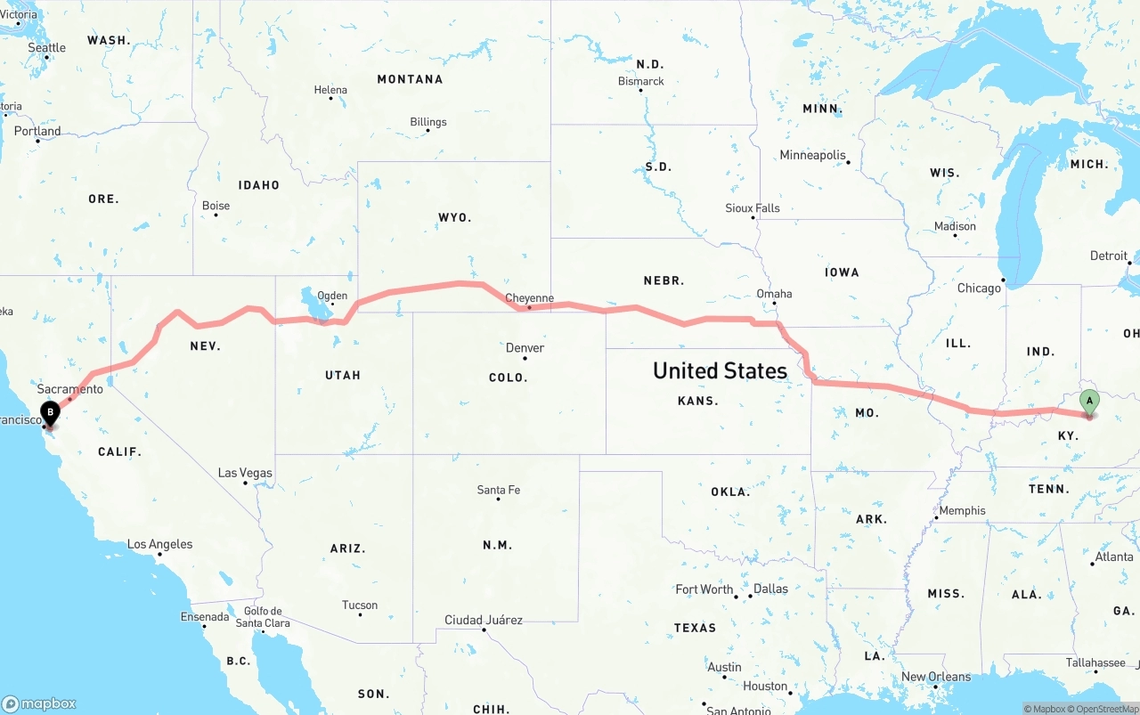 Shipping route from Lexington to Oakland International Airport
