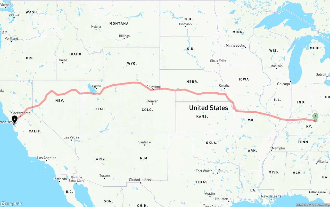 Shipping route from Lexington to Oakland