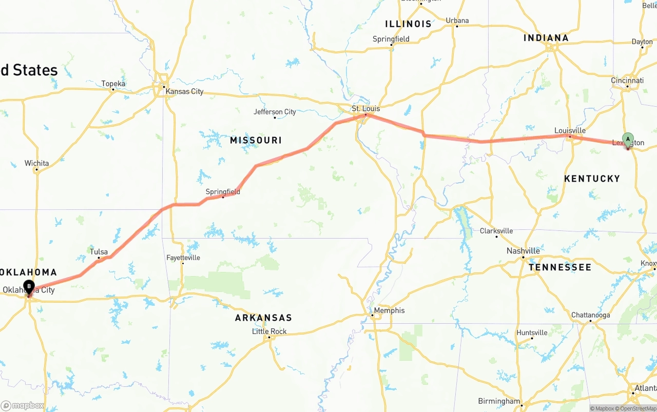 Shipping route from Lexington to Oklahoma City