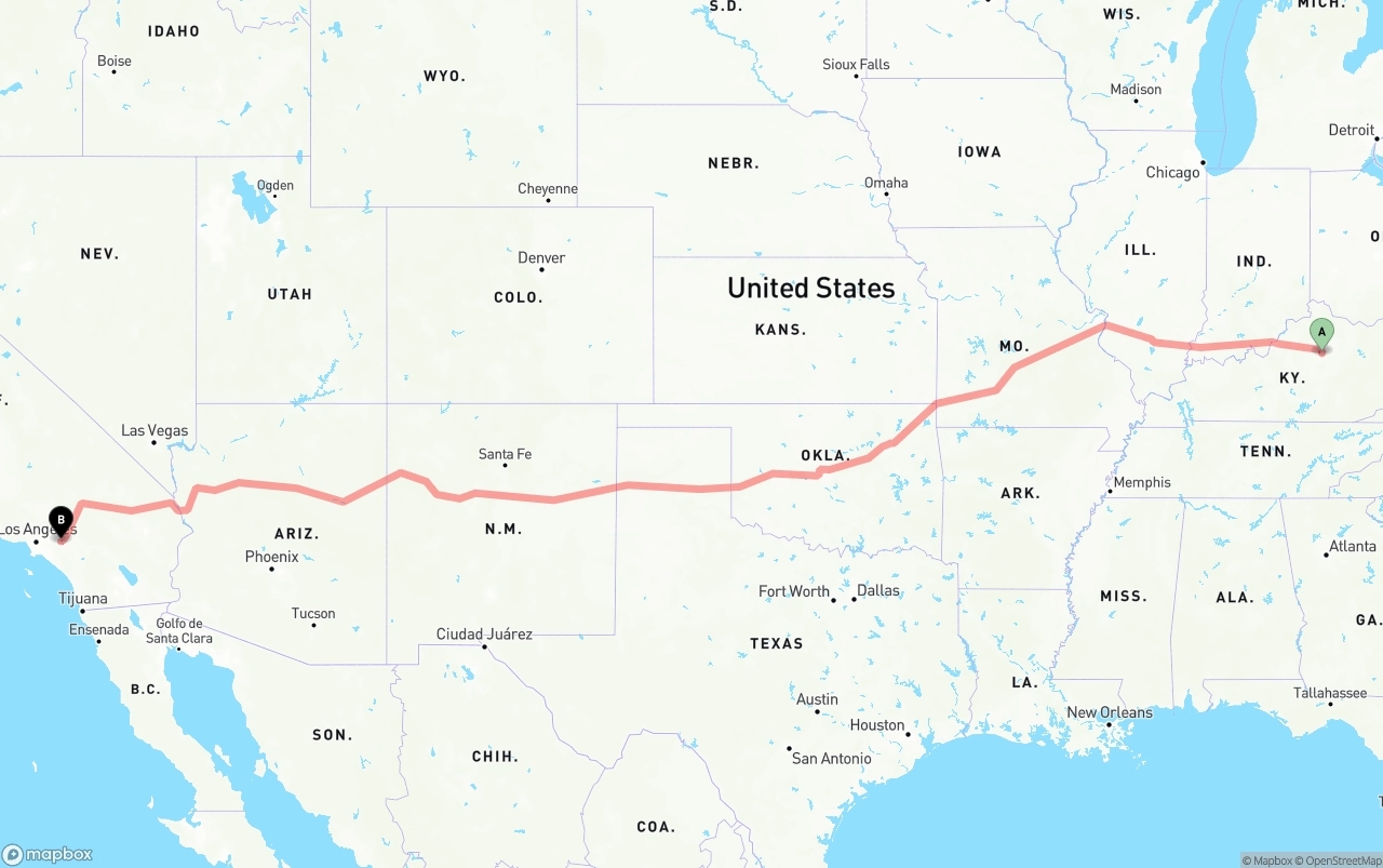 Shipping route from Lexington to Ontario International Airport