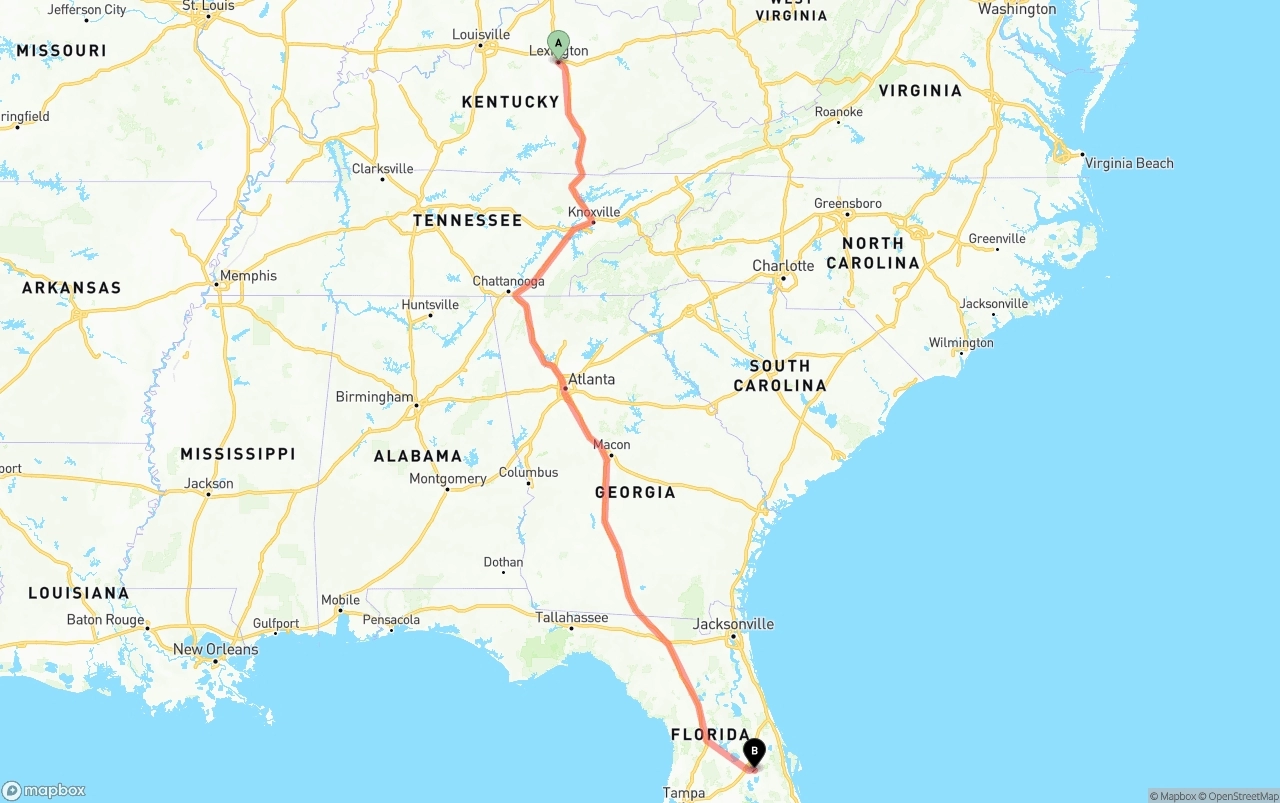 Shipping route from Lexington to Orlando International Airport