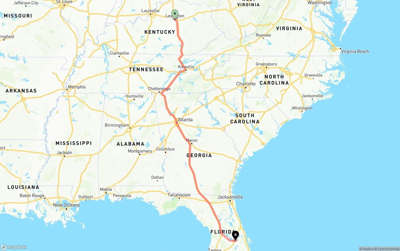 Shipping route from Lexington to Orlando