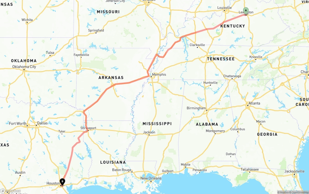 Shipping route from Lexington to Port of Houston