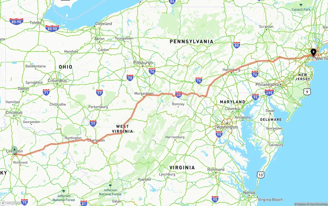 Shipping route from Lexington to Port of New York