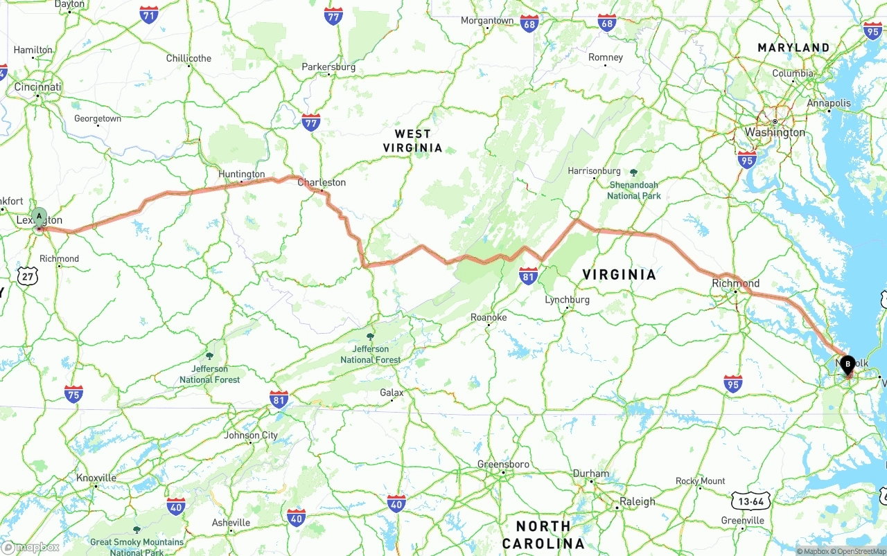 Shipping route from Lexington to Port of Norfolk