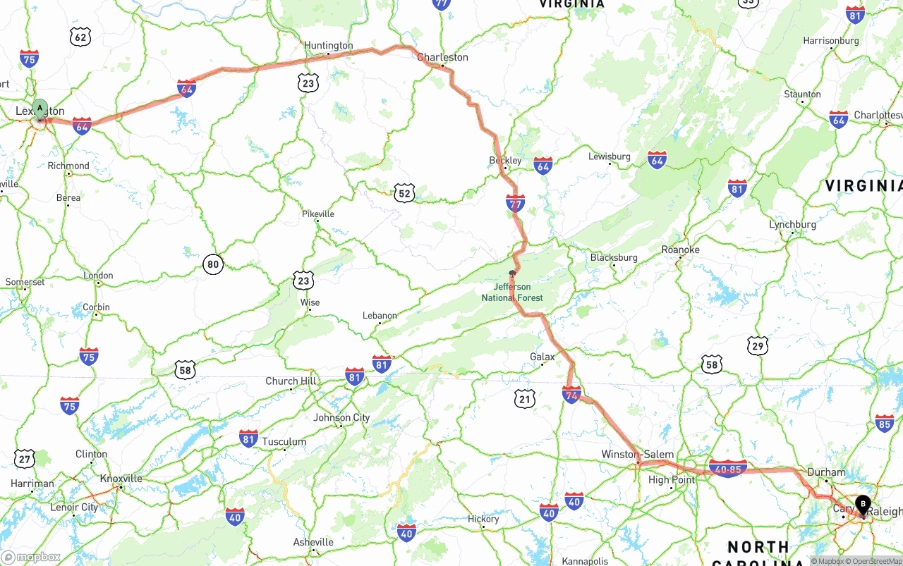 Shipping route from Lexington to Raleigh