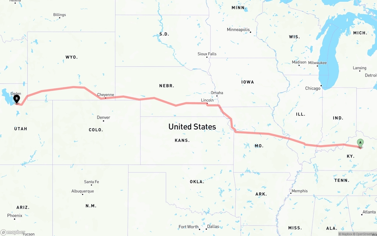 Shipping route from Lexington to Salt Lake City