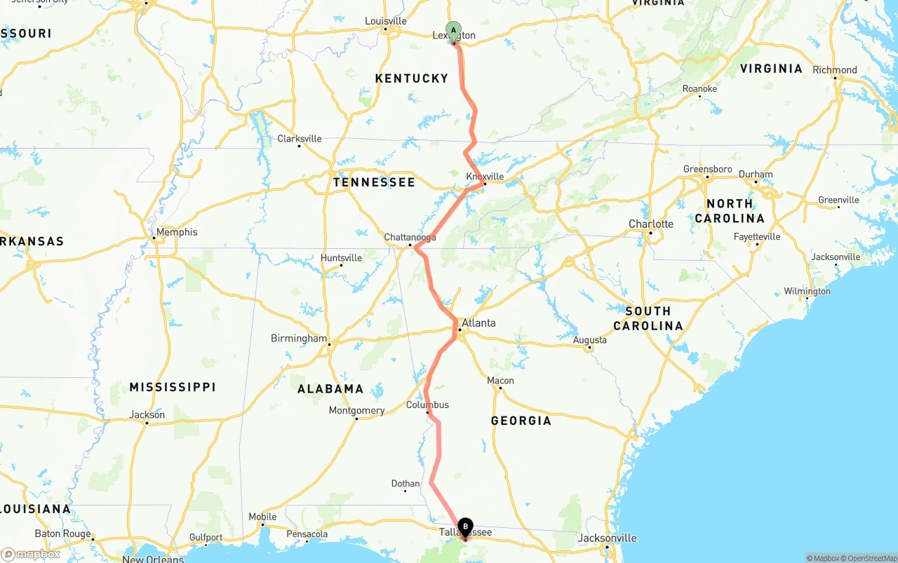 Shipping route from Lexington to Tallahassee