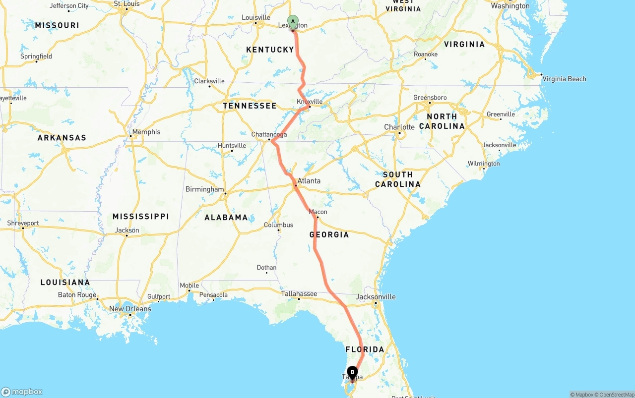Shipping route from Lexington to Tampa